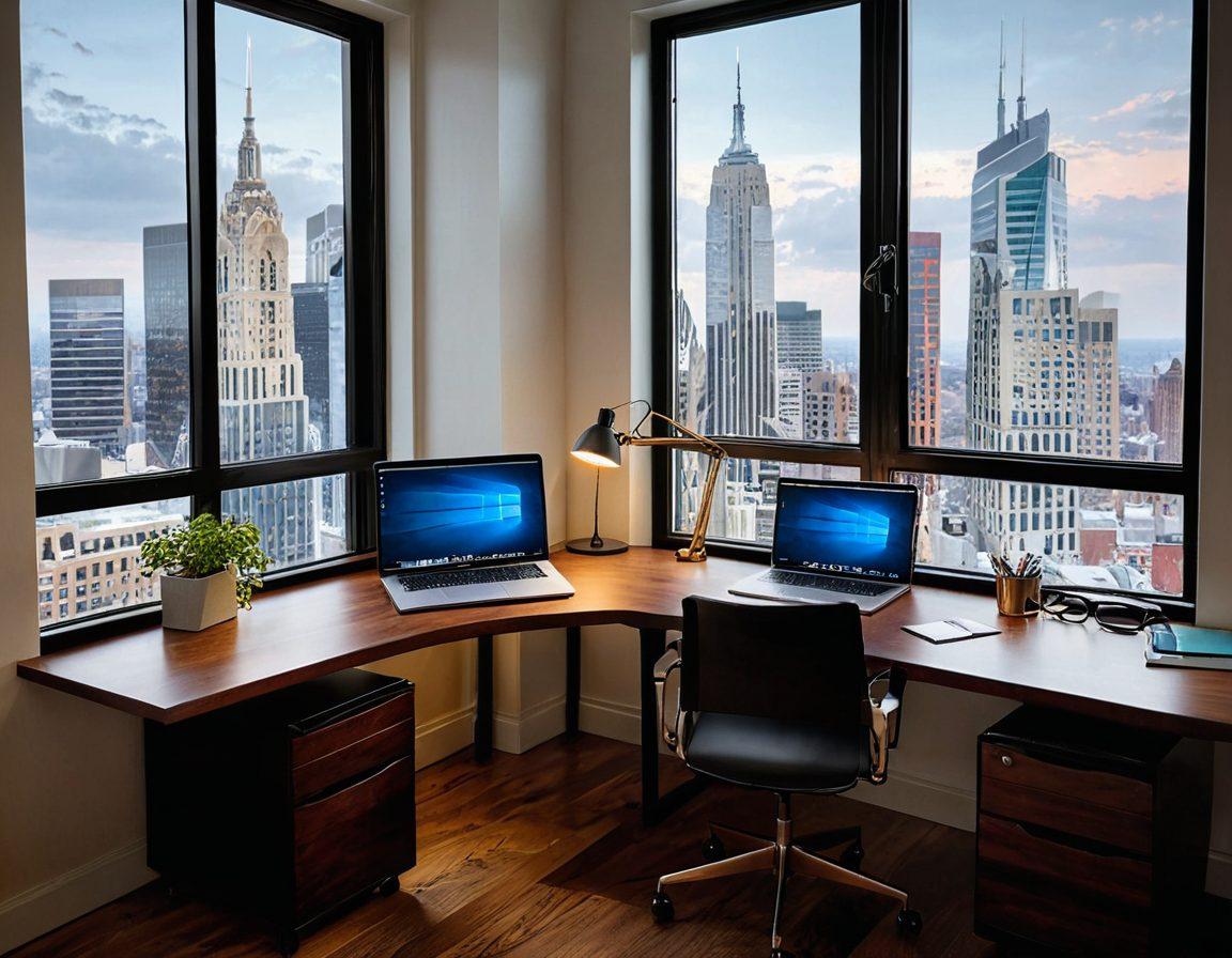 A sophisticated workspace featuring an elegant desk with a laptop displaying colorful, insightful charts and graphs. Surrounding the desk are various financial documents and a stylish notepad, with a bright window showing a lively cityscape outside. Focus on the contrast between the modern technology and the classic workspace elements. super-realistic. vibrant colors. soft lighting.