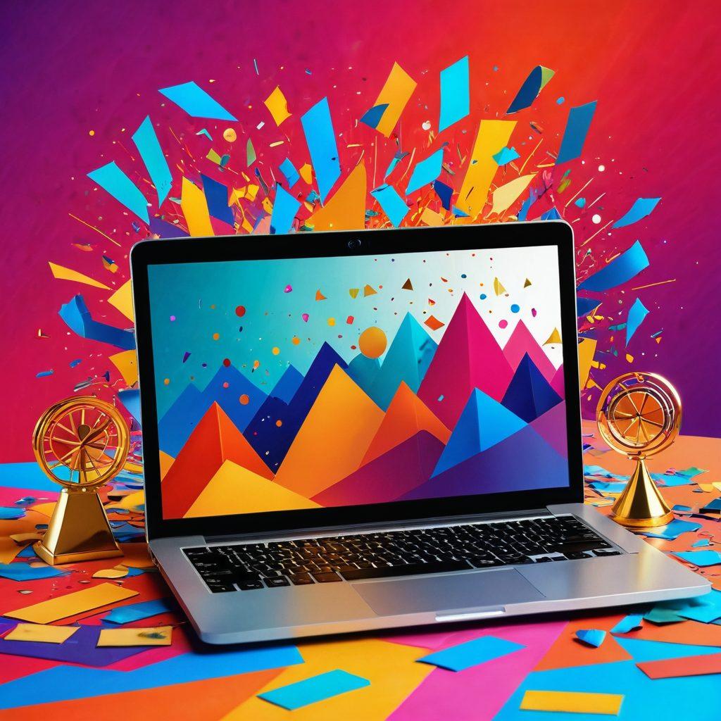 A vibrant, abstract landscape showcasing data visualizations morphing into joyful symbols of success, such as trophies and confetti. Include colorful charts, graphs, and playful elements emerging from a laptop screen, illuminating the scene with light. The background should reflect a harmonious blend of creativity and analytics, suggesting a transformation from trends to triumphs. bright colors, digital art, modern style.